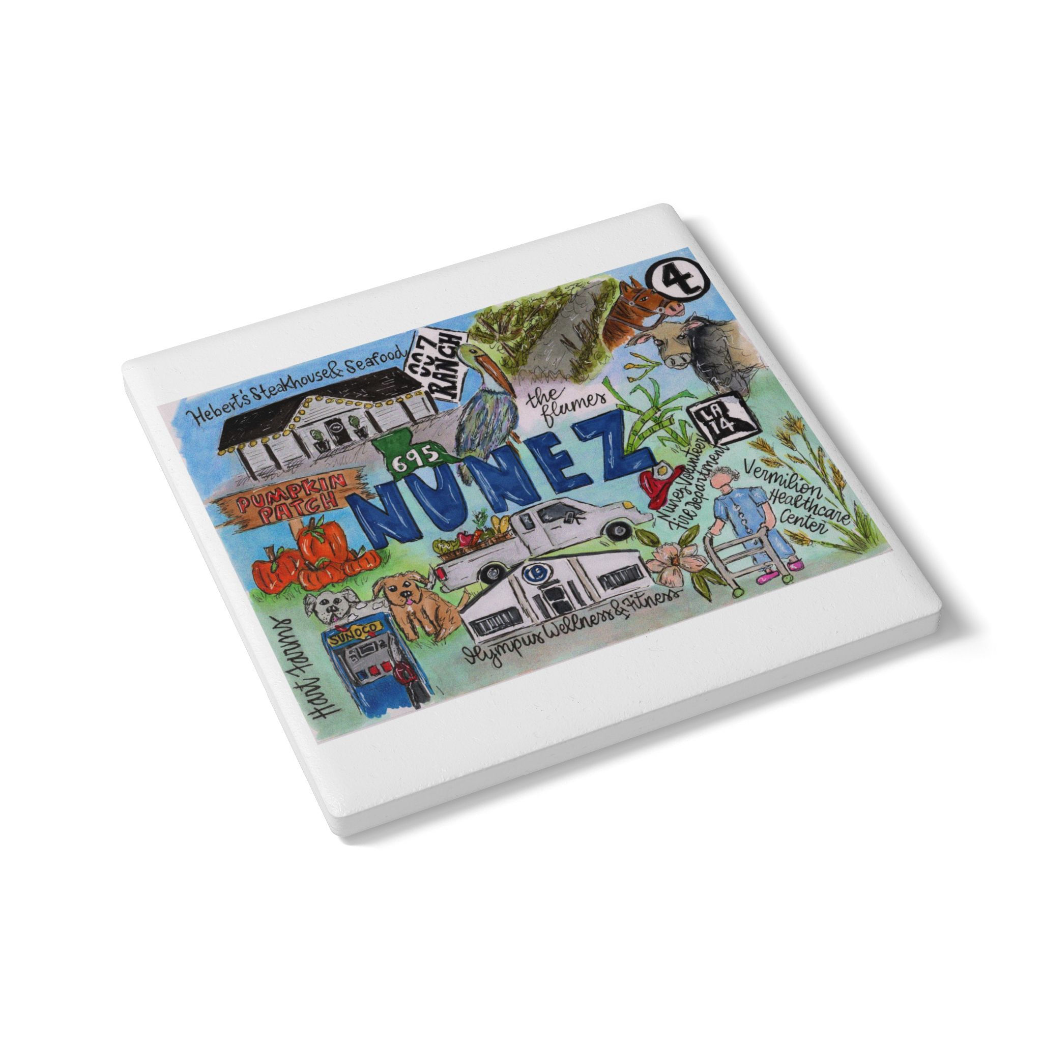 Nunez, Louisiana Hand Illustrated Ceramic Coaster