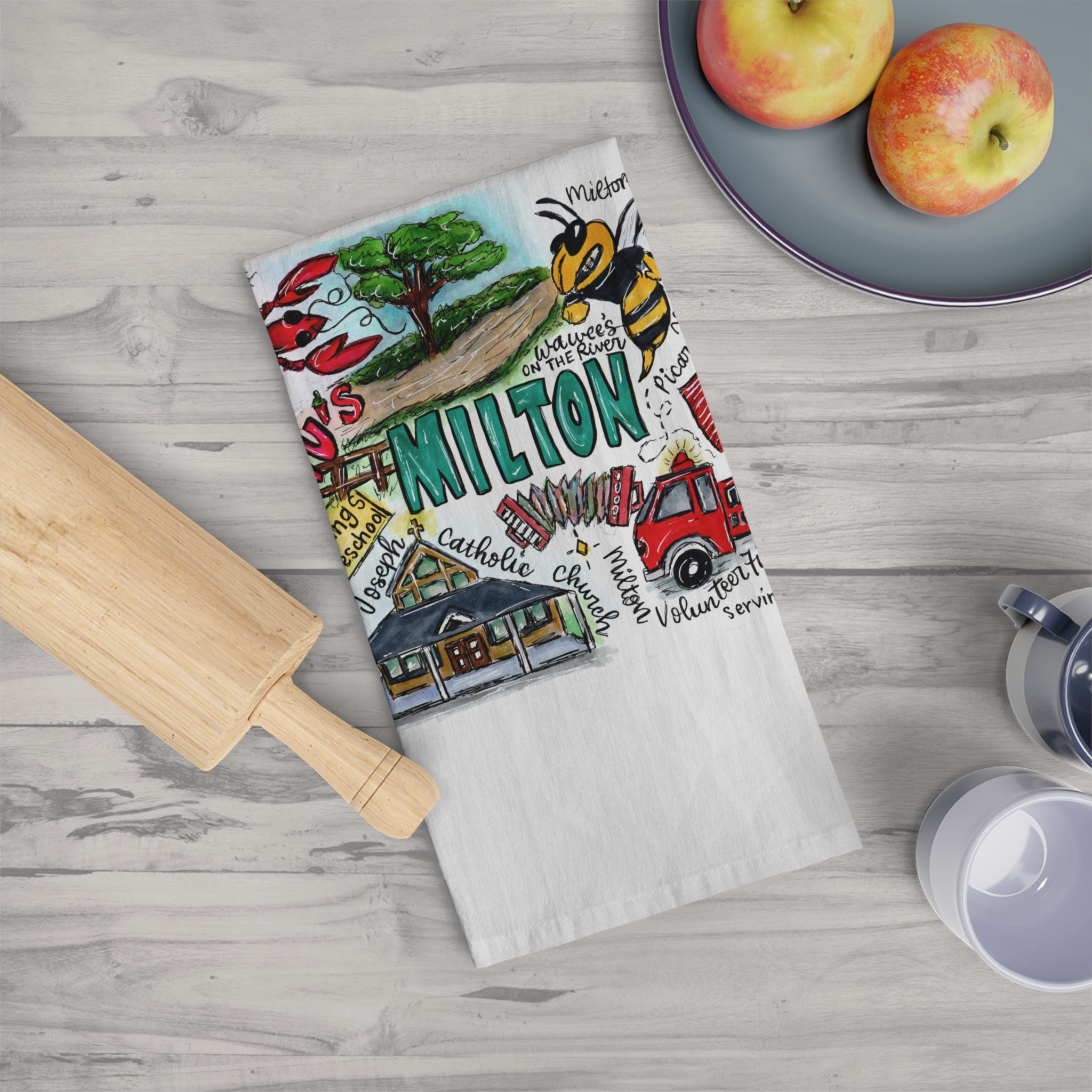 Milton, Louisiana Hand Illustrated Tea Towel