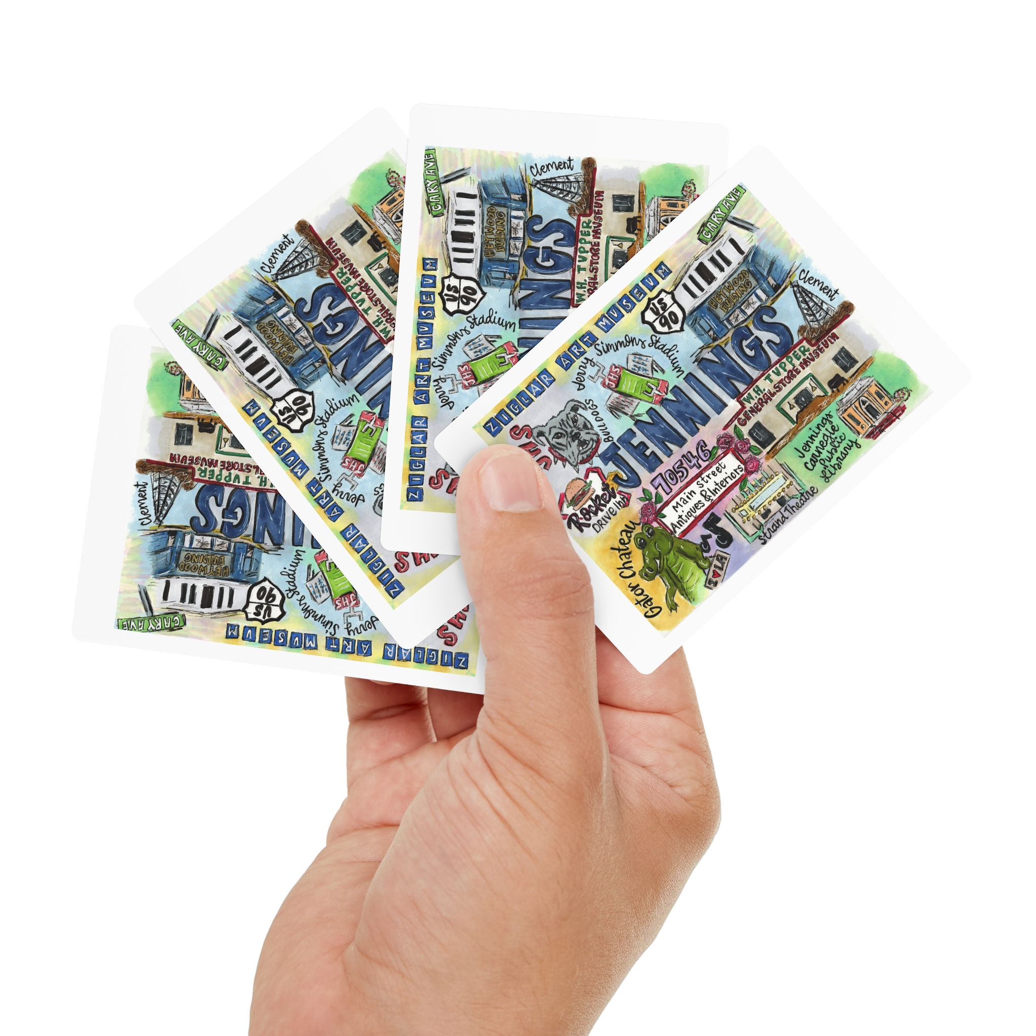 Jennings, Louisiana Hand Illustrated Playing Cards