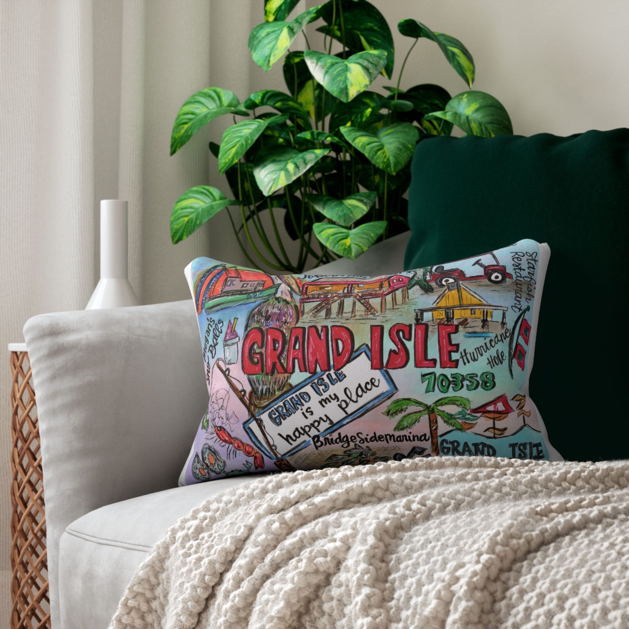 Grand Isle, Louisiana Hand Illustrated Lumbar Pillow