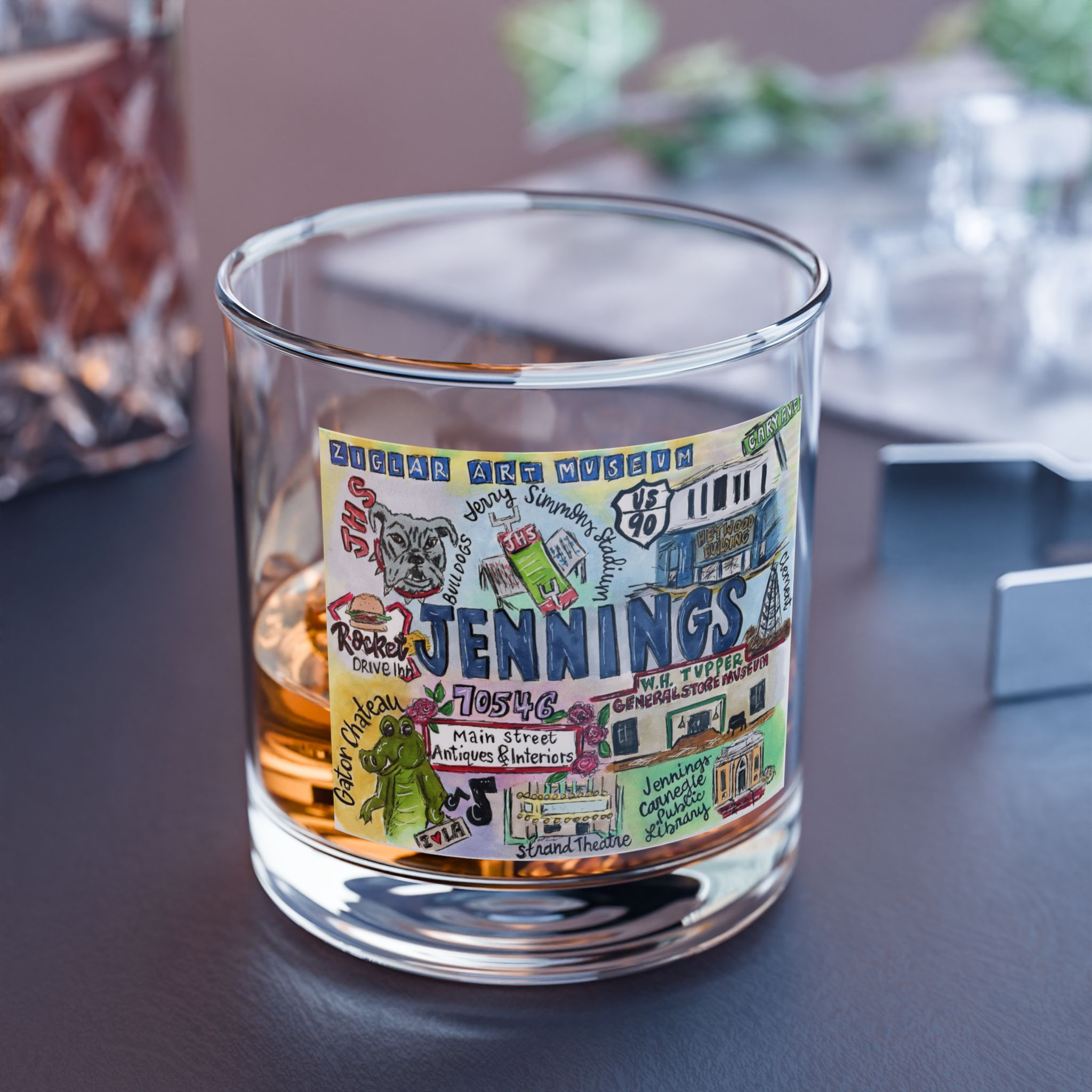 Jennings, Louisiana Hand Illustrated Whiskey Glass
