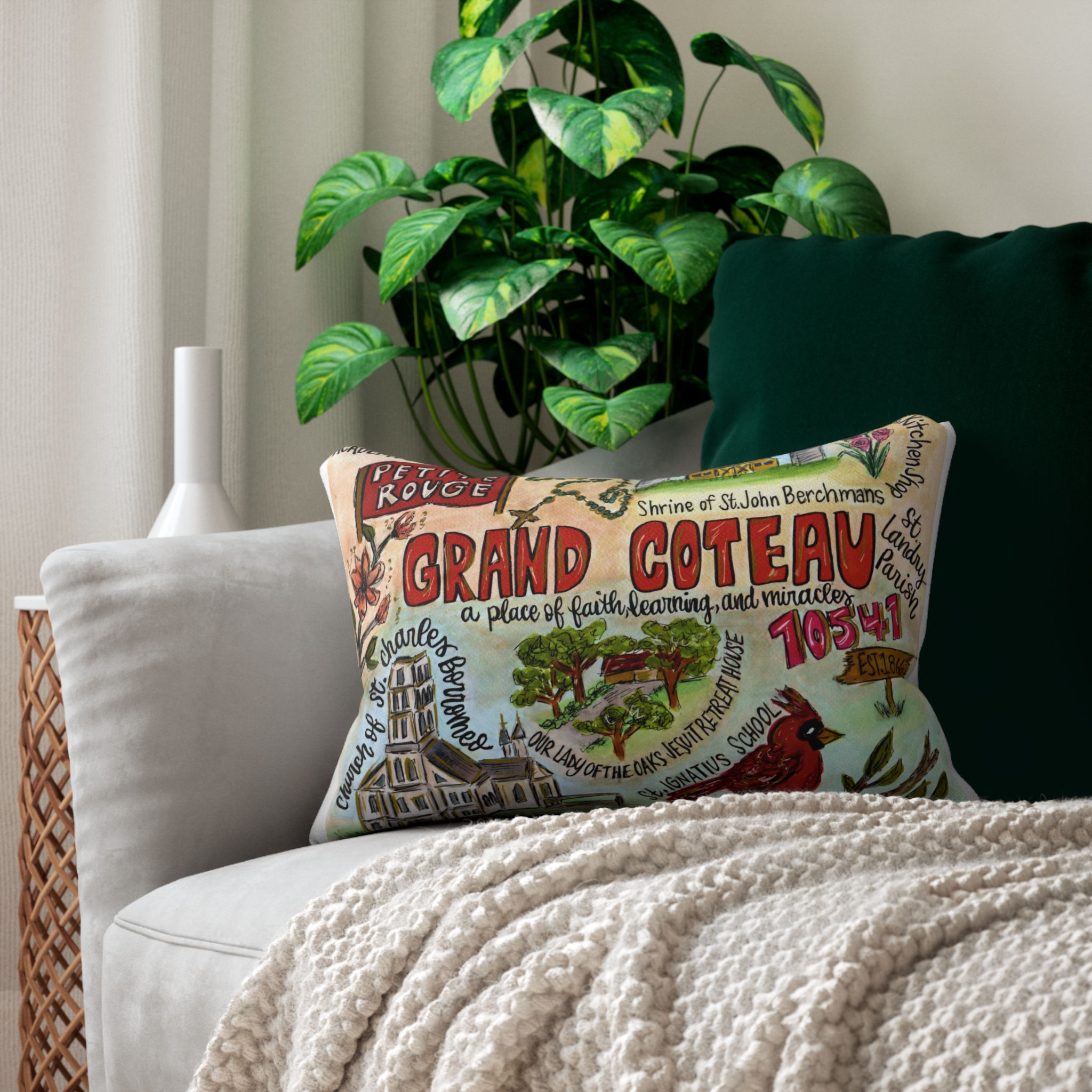 Grand Coteau, Louisiana Hand Illustrated Lumbar Pillow