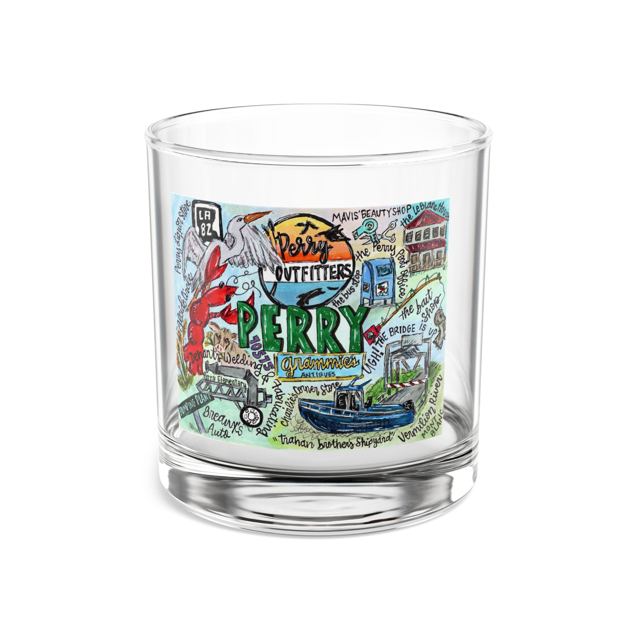 Perry, Louisiana Hand Illustrated Map Rocks Glass