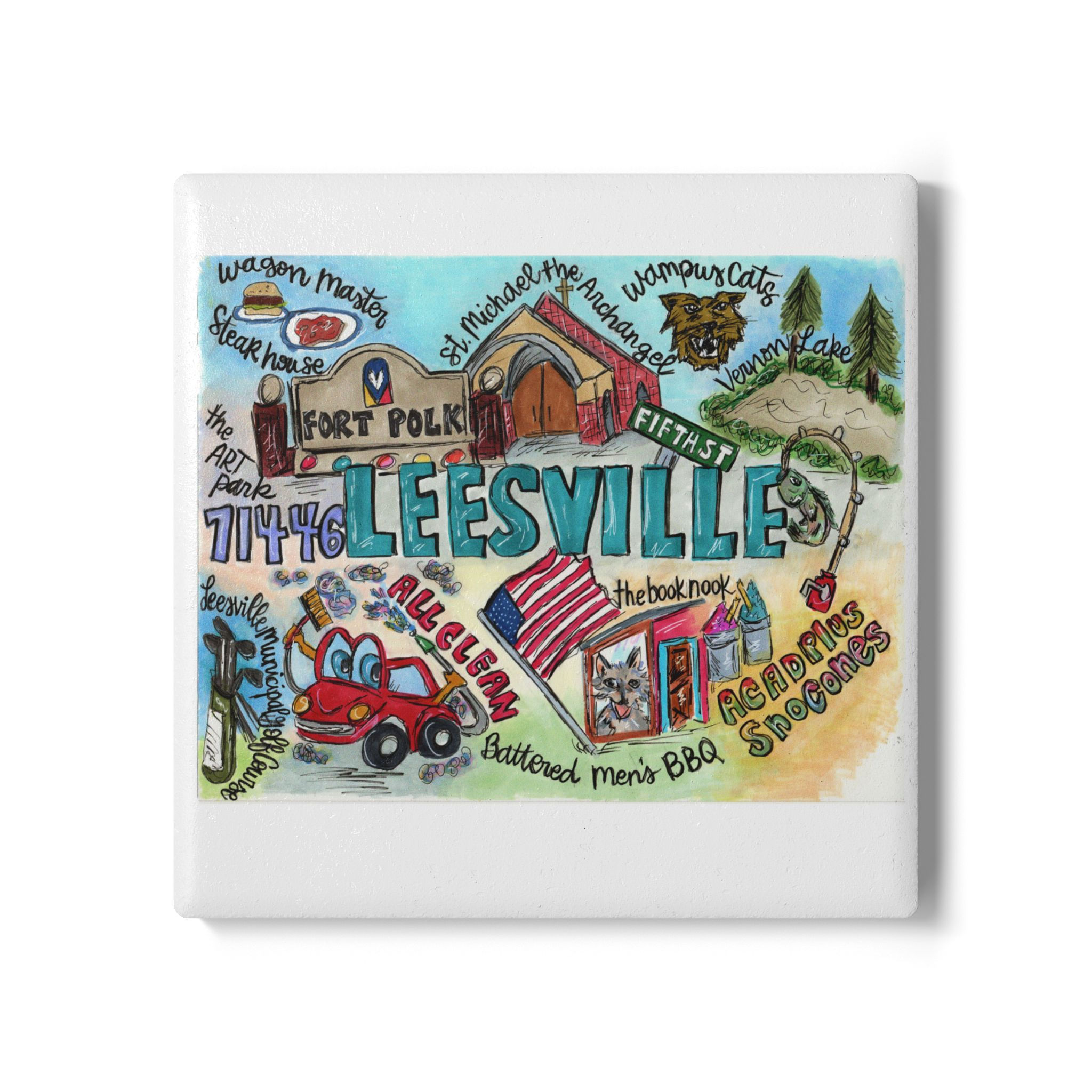 Leesville, Louisiana Hand Illustrated Ceramic Coaster