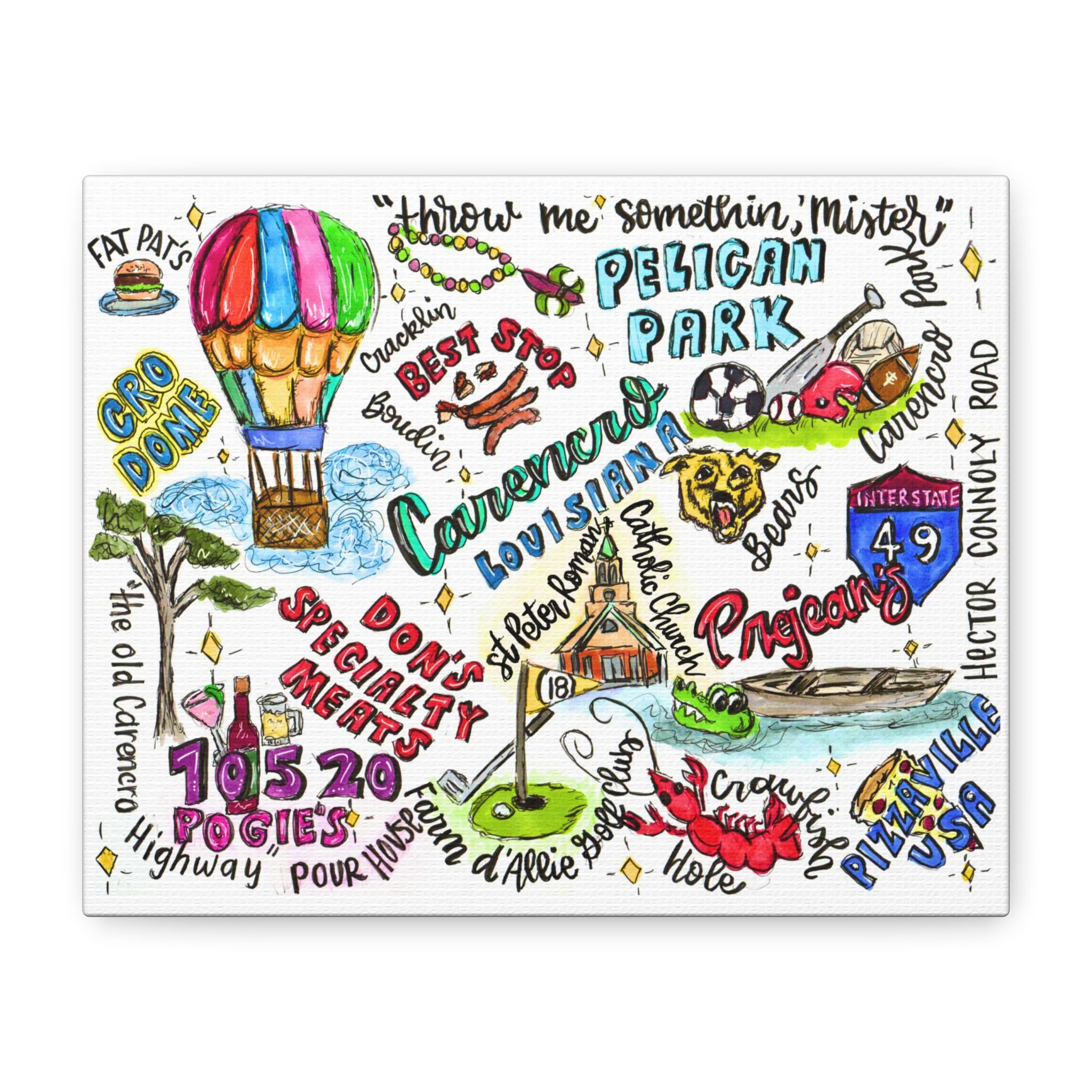 Carencro, Louisiana Illustrated Map Canvas —Hand Illustrated Canvas Wall Art