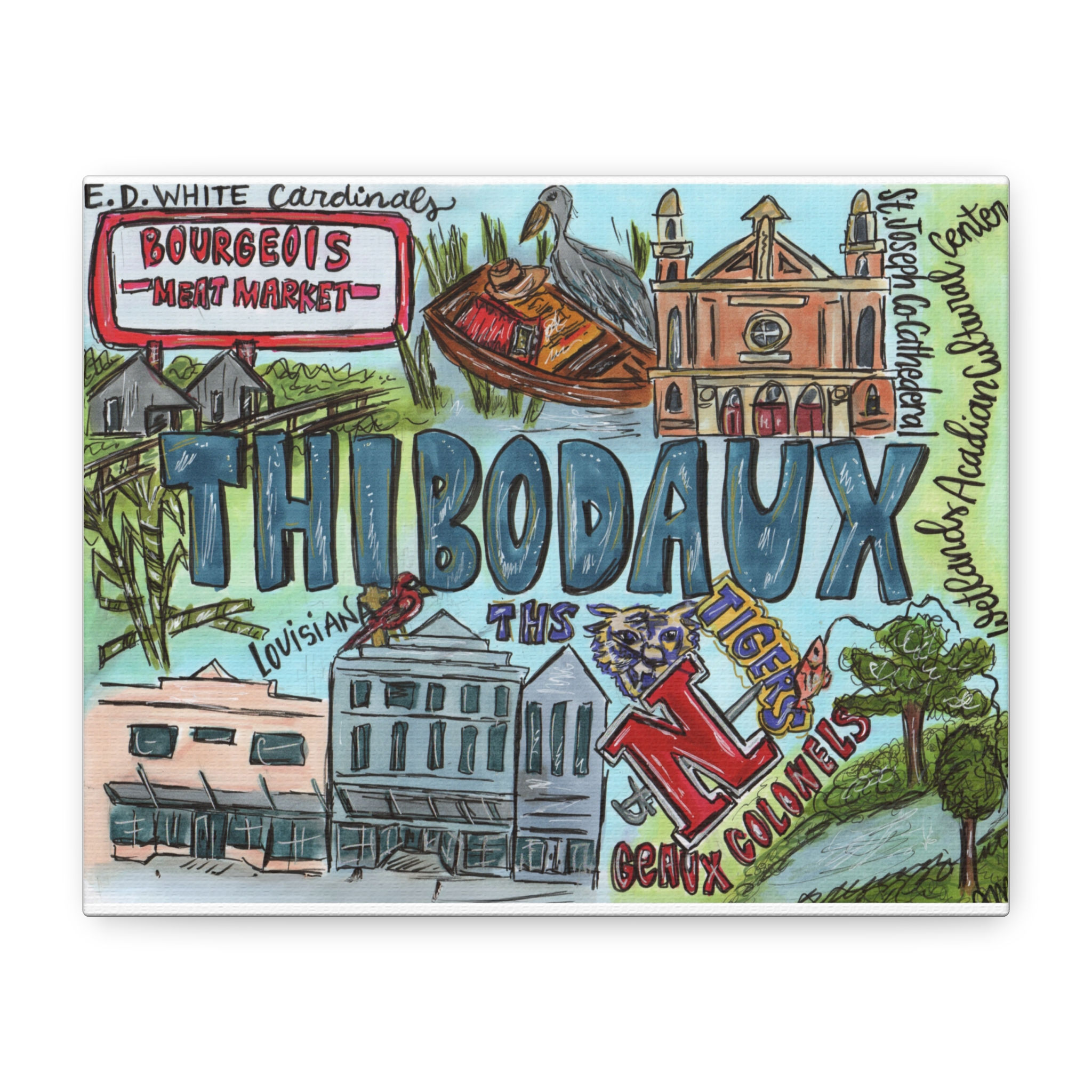 Thibodaux, Louisiana Collage Hand-Illustrated Canvas Print