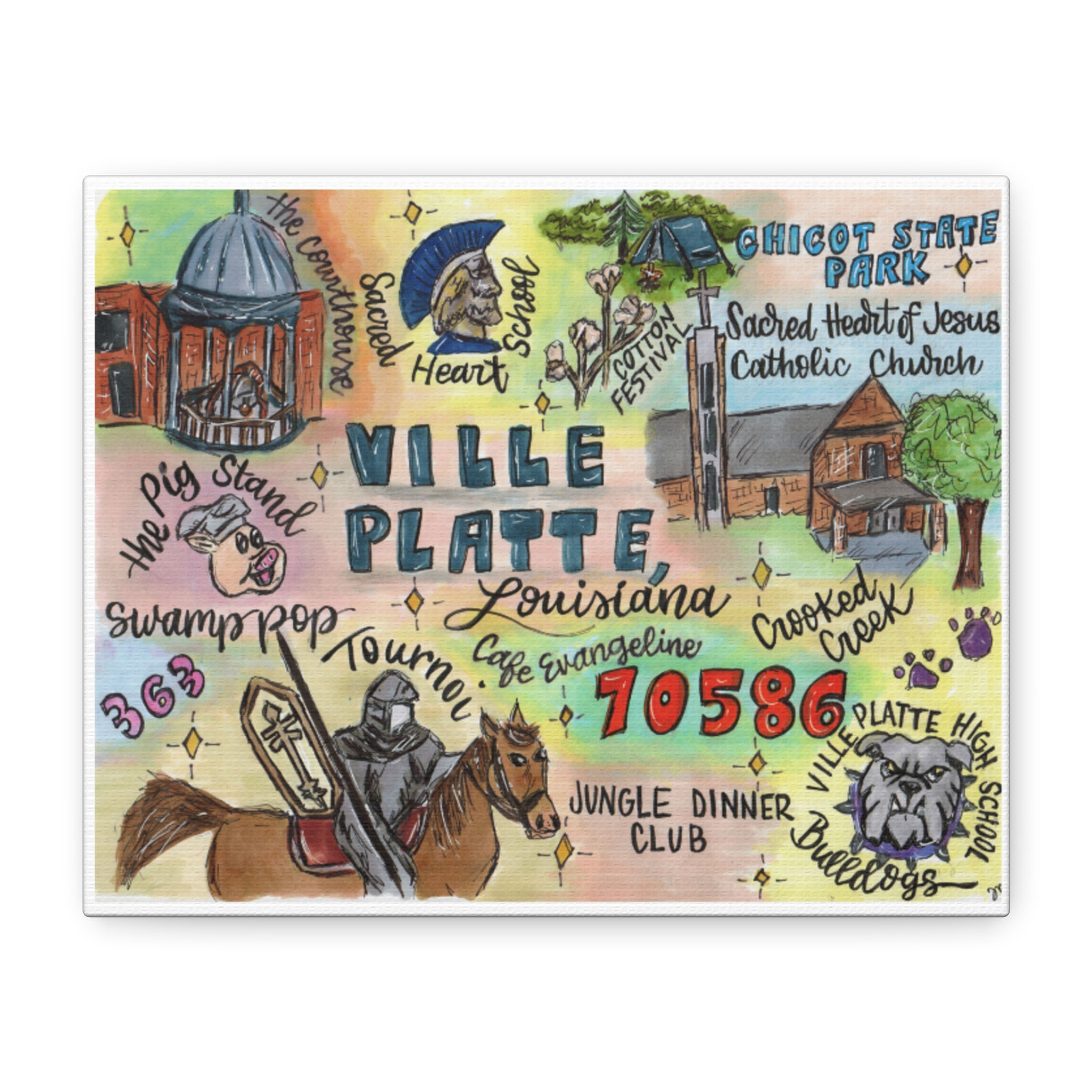 Ville Platte, Louisiana Illustrated Matte Canvas Print — Stretched 1.25"