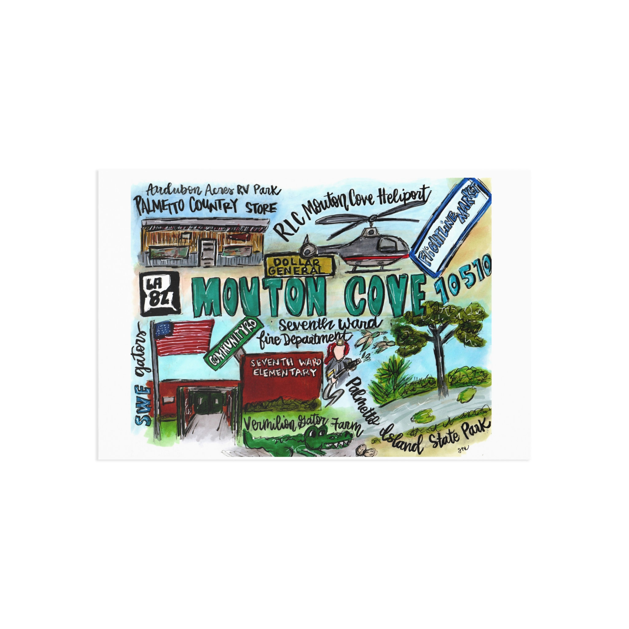 Mouton Cove, Louisiana Illustrated Postcard Set — Fine Art Travel Map Cards