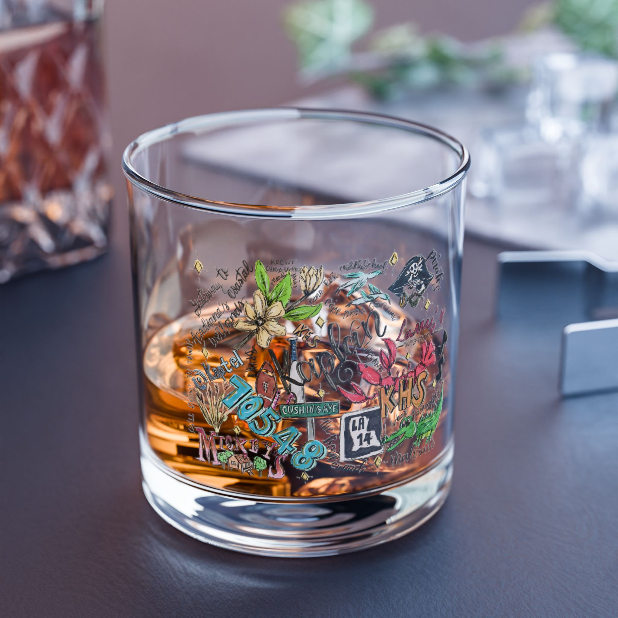 Kaplan, Louisiana Hand Illustrated Whiskey Glass