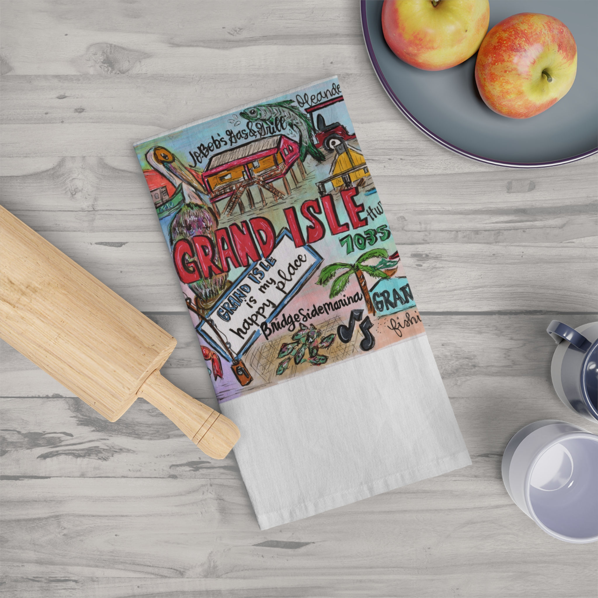 Grand Isle, Louisiana Hand Illustrated Tea Towel