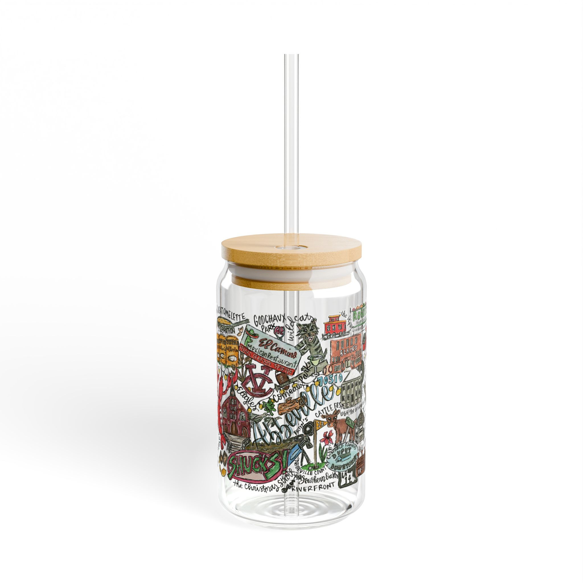 Abbeville, Louisiana Cold Brew Sipper Glass — 16oz Hand‑Illustrated