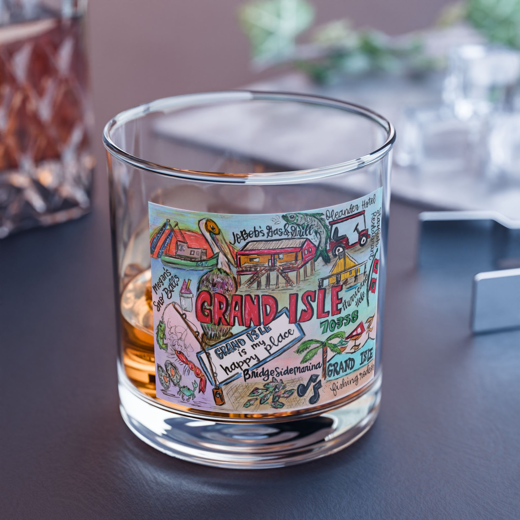 Grand Isle, Louisiana Hand Illustrated Rocks Glass