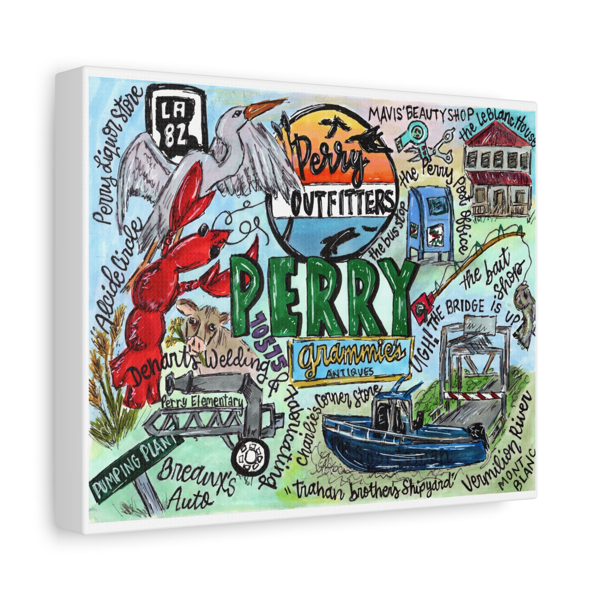 Perry, Louisiana Hand -Illustrated Canvas — Stretched Matte Wall Art