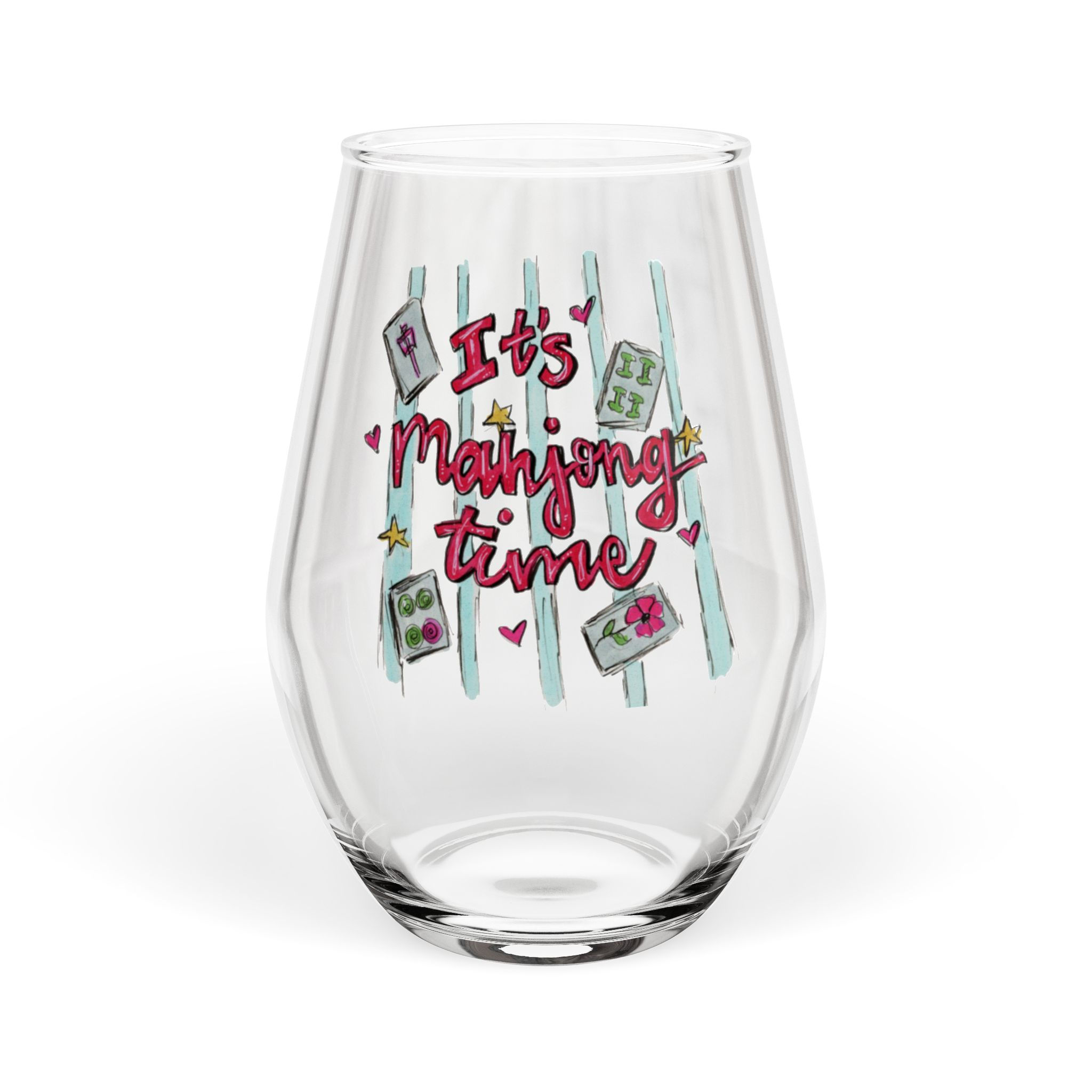 Stemless Wine Glass — "It's Mahjong Time" Decorative 11.75 oz Game Night Glass