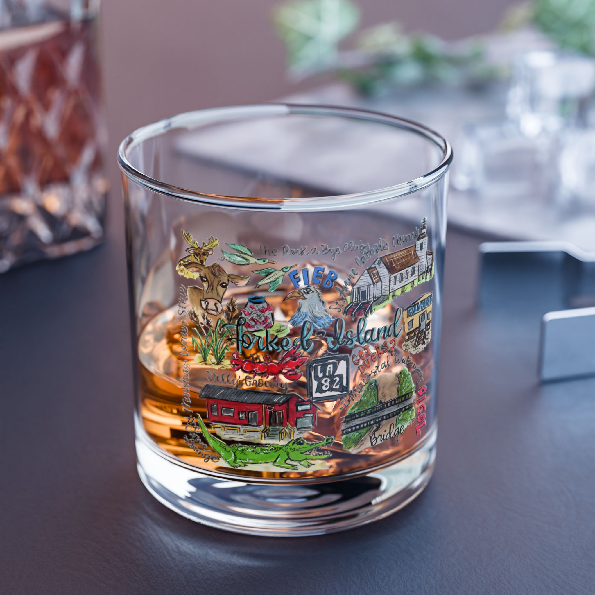 Forked Island, Louisiana Hand Illustrated Whiskey Glass