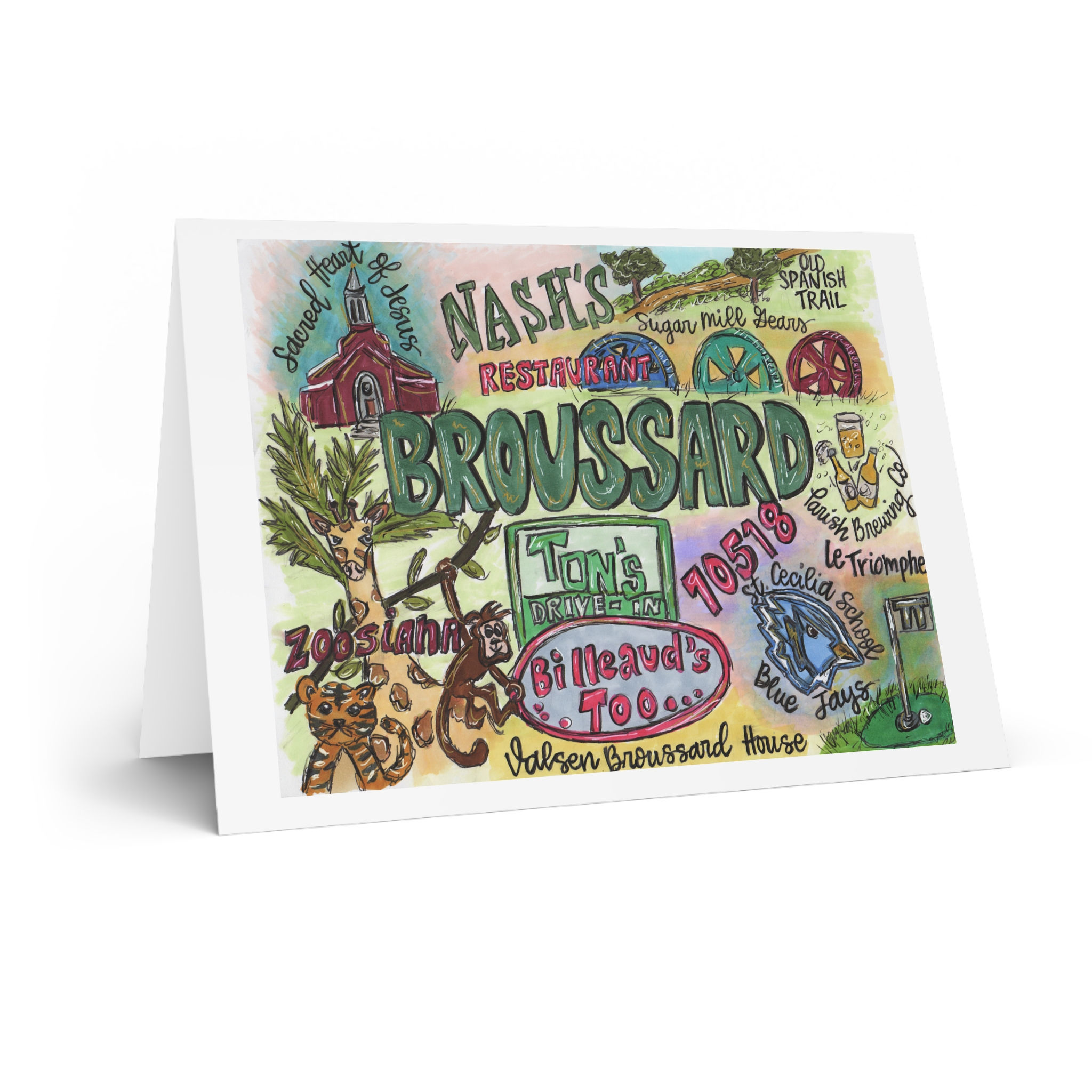 Broussard, Louisiana Map Greeting Card — Hand-Drawn Louisiana Souvenir Card