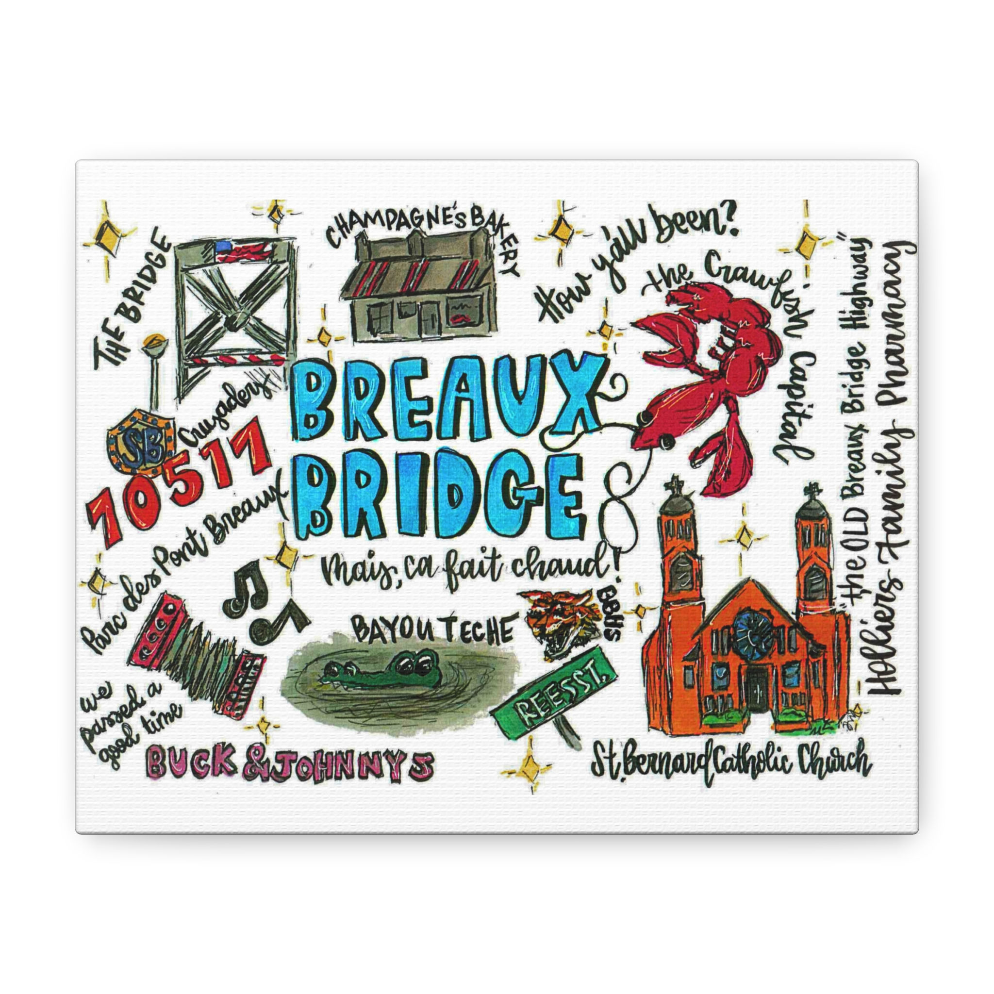 Breaux Bridge Illustrated Map Canvas — Cajun Town Landmarks Art