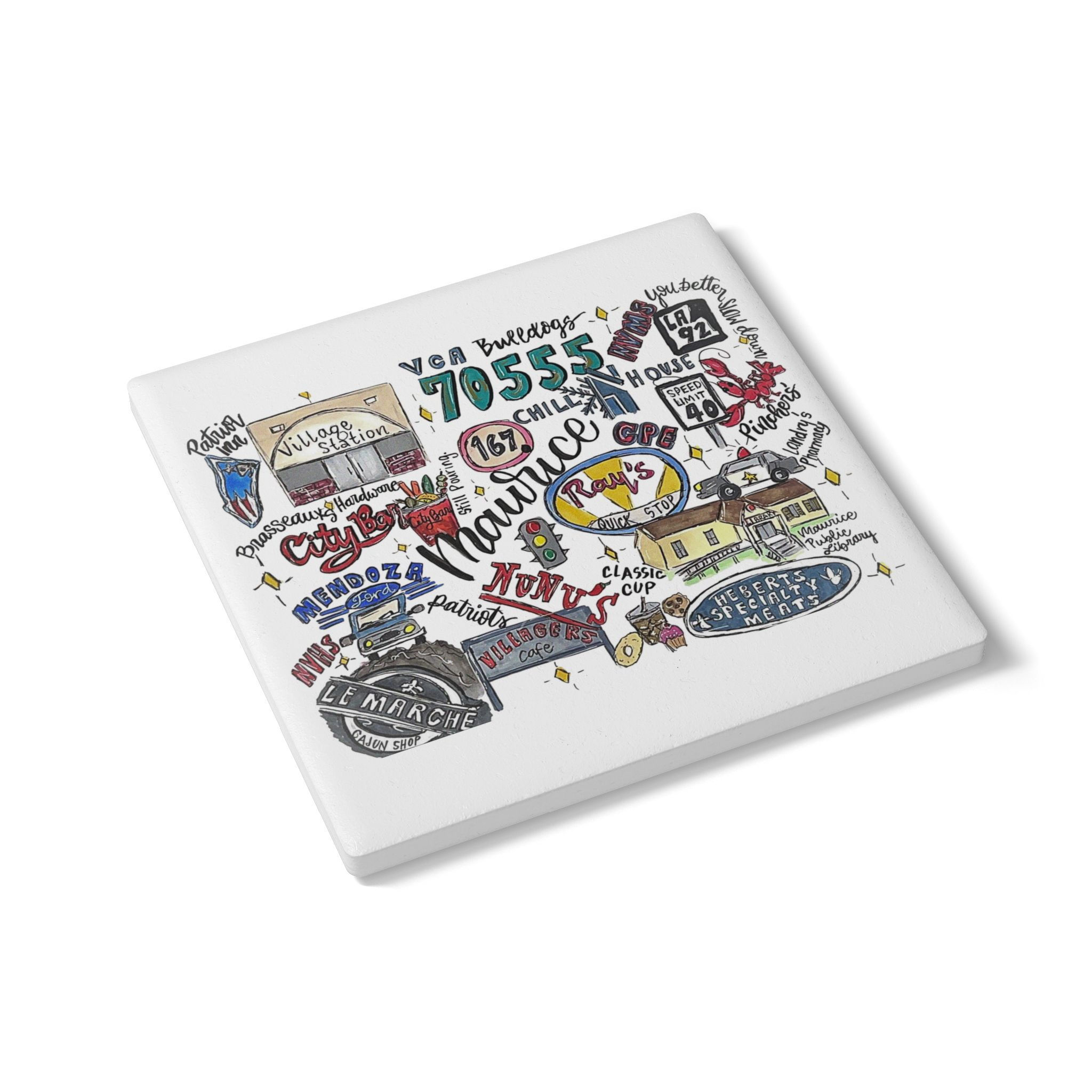 Maurice, Louisiana Hand Illustrated Ceramic Coaster