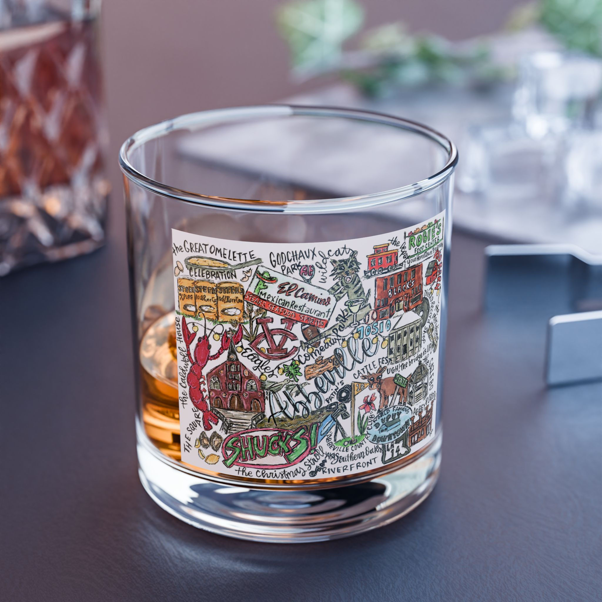 Abbeville, Louisiana Hand-Illustrated Rocks Glass — 10oz