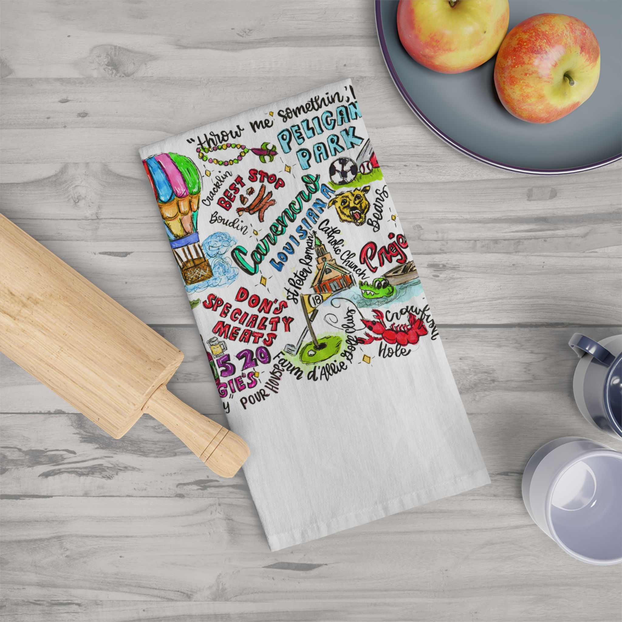 Carencro, Louisiana Hand Illustrated Tea Towel