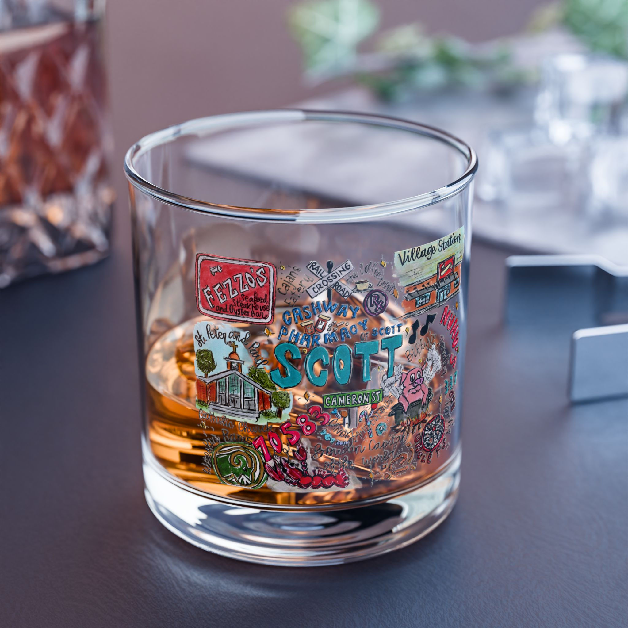 Scott, Louisiana Hand Illustrated Whiskey Glass