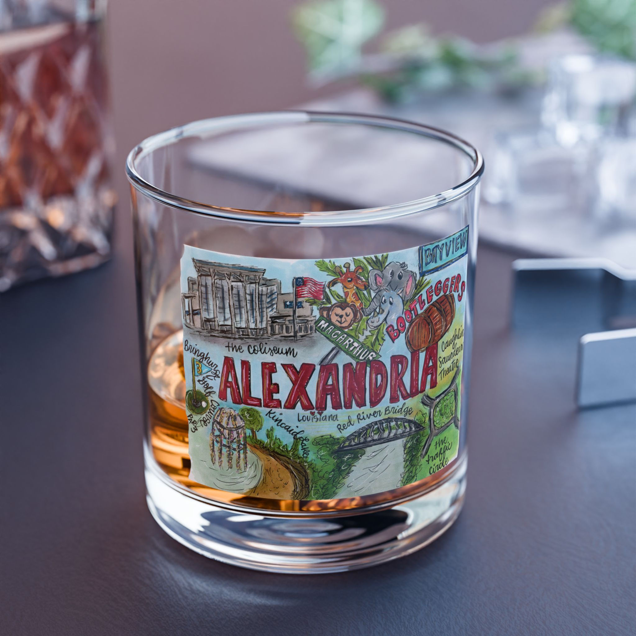 Alexandria, Louisiana Illustrated Rocks Glass — 10oz Hand-Drawn City Barware