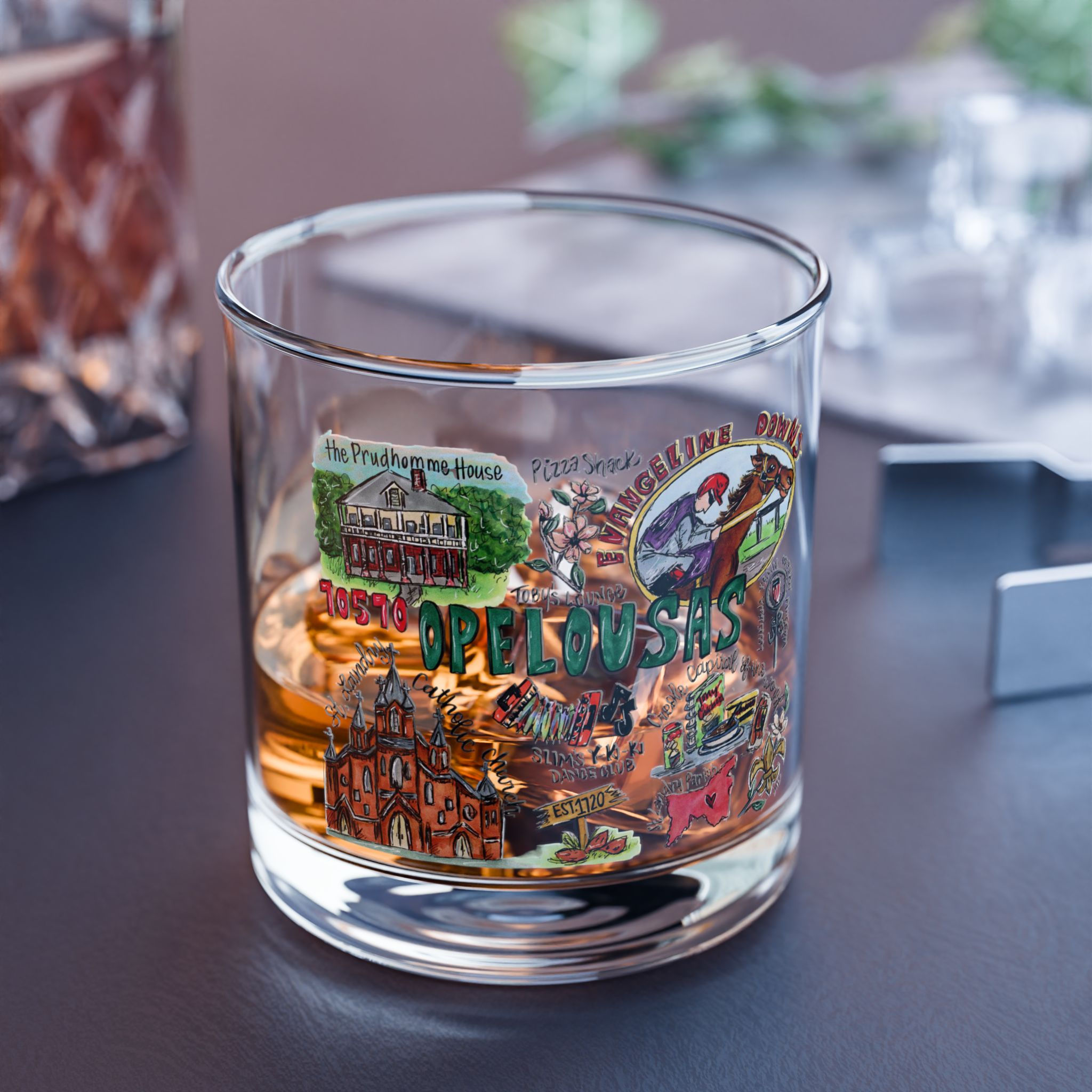 Opelousas, Louisiana Hand Illustrated Whiskey Glass