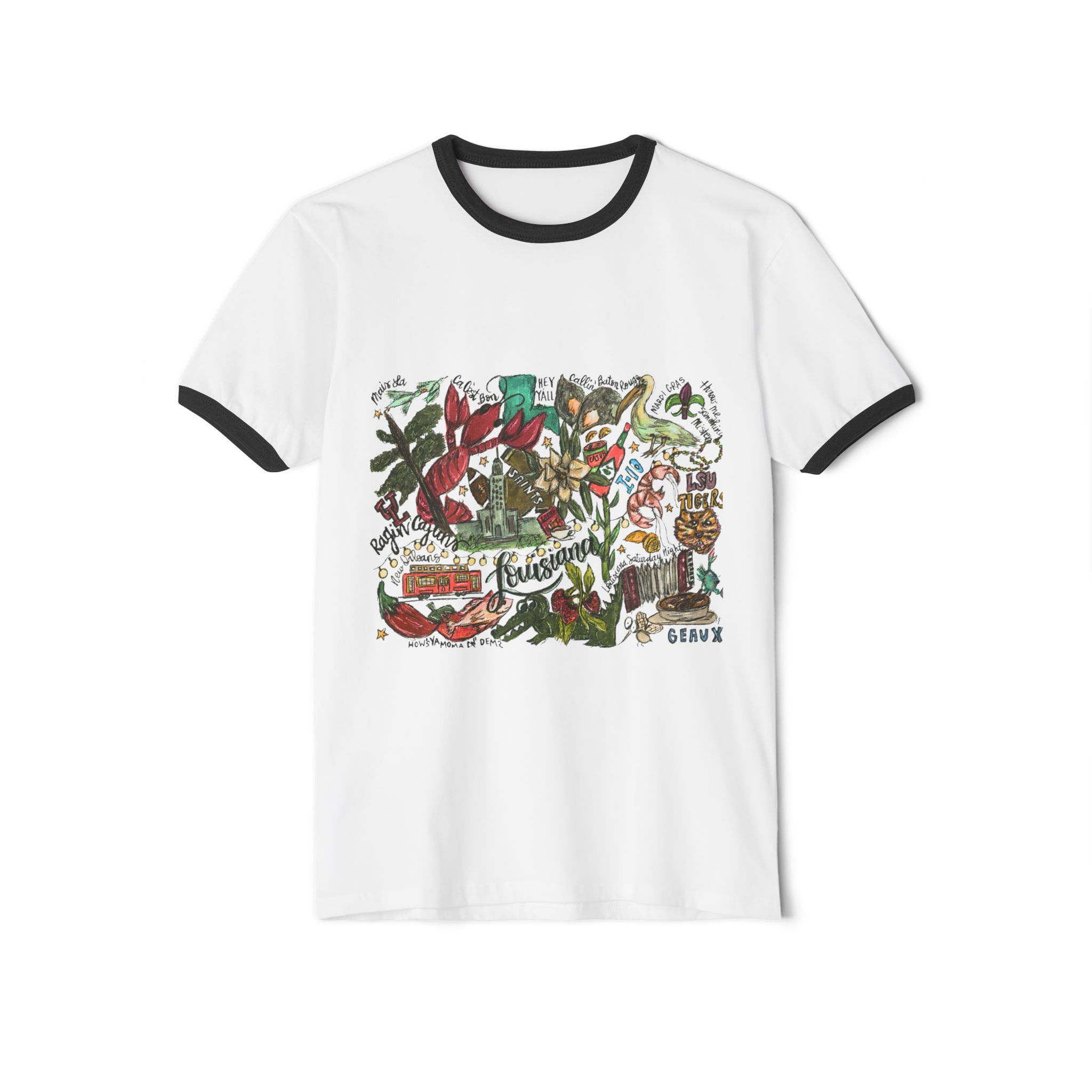 Louisiana Hand-Illustrated Ringer Tee —Collage Art T-Shirt