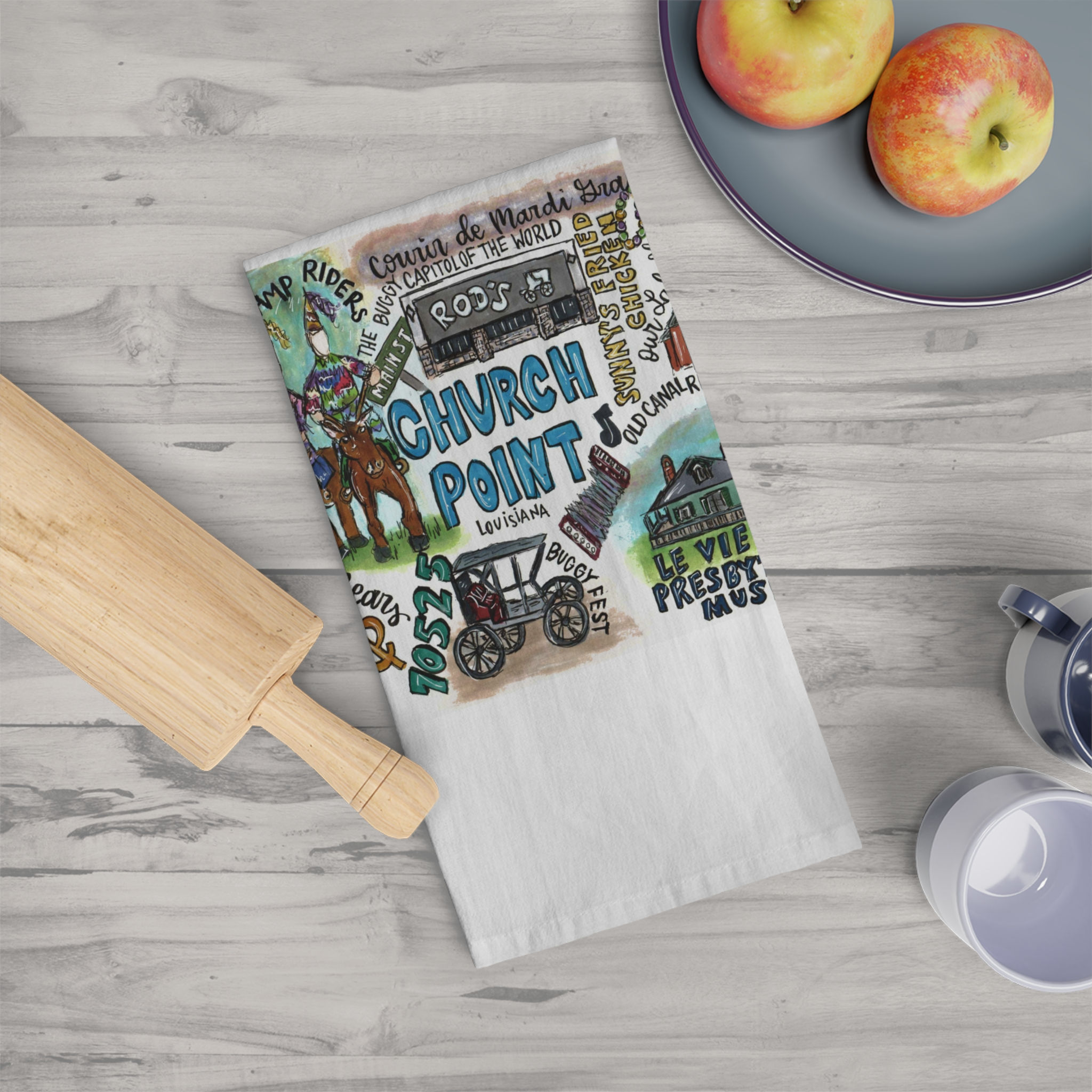 Church Point, Louisiana Hand Illustrated Tea Towel