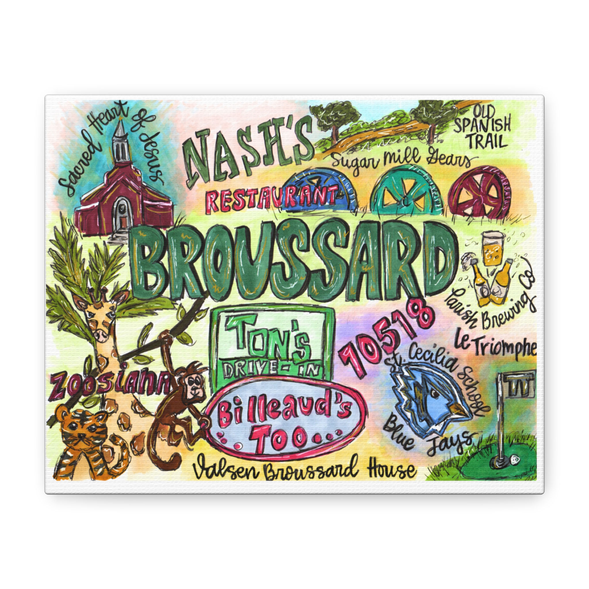 Broussard, Louisiana Illustrated Map Canvas — Stretched Matte Wall Art