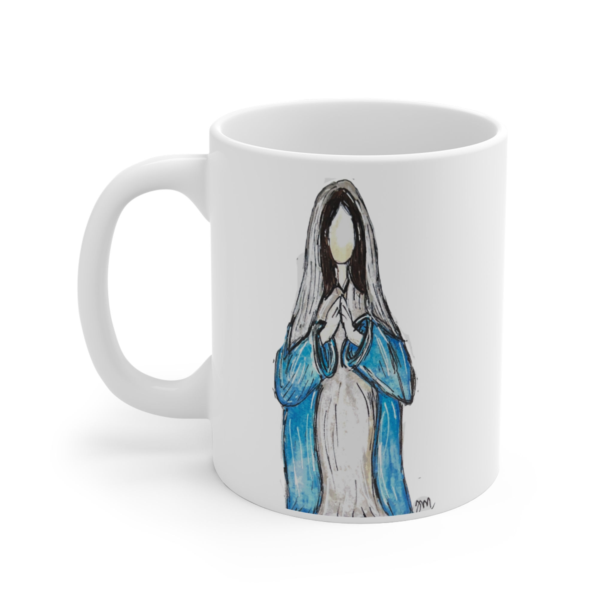 Mother Mary Hand-Drawn 11oz Mug — Religious Prayer Coffee Cup