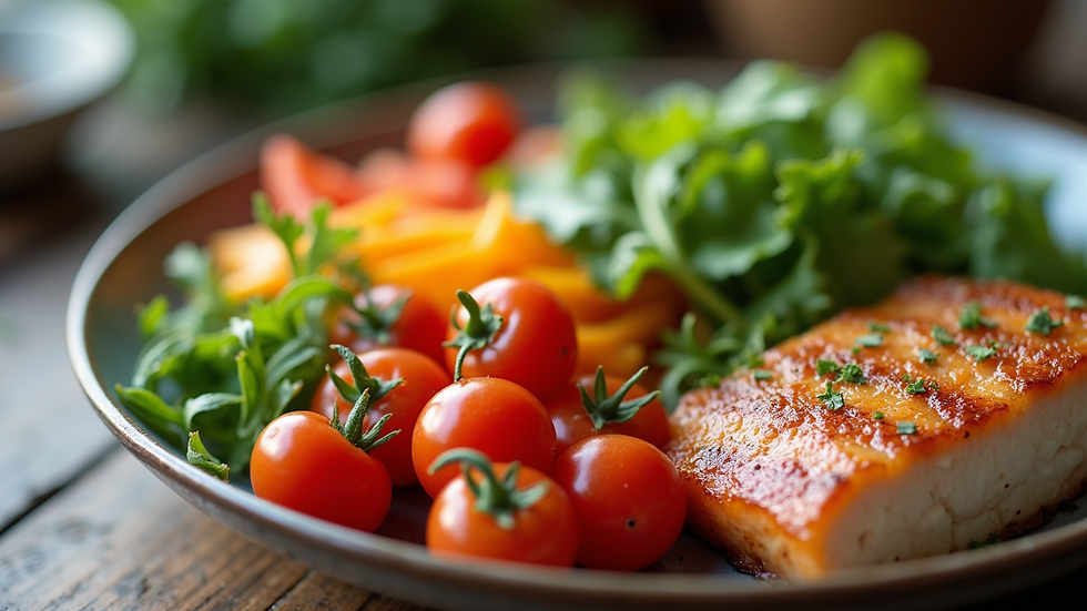 Close-up view of a balanced meal with vegetables and lean protein