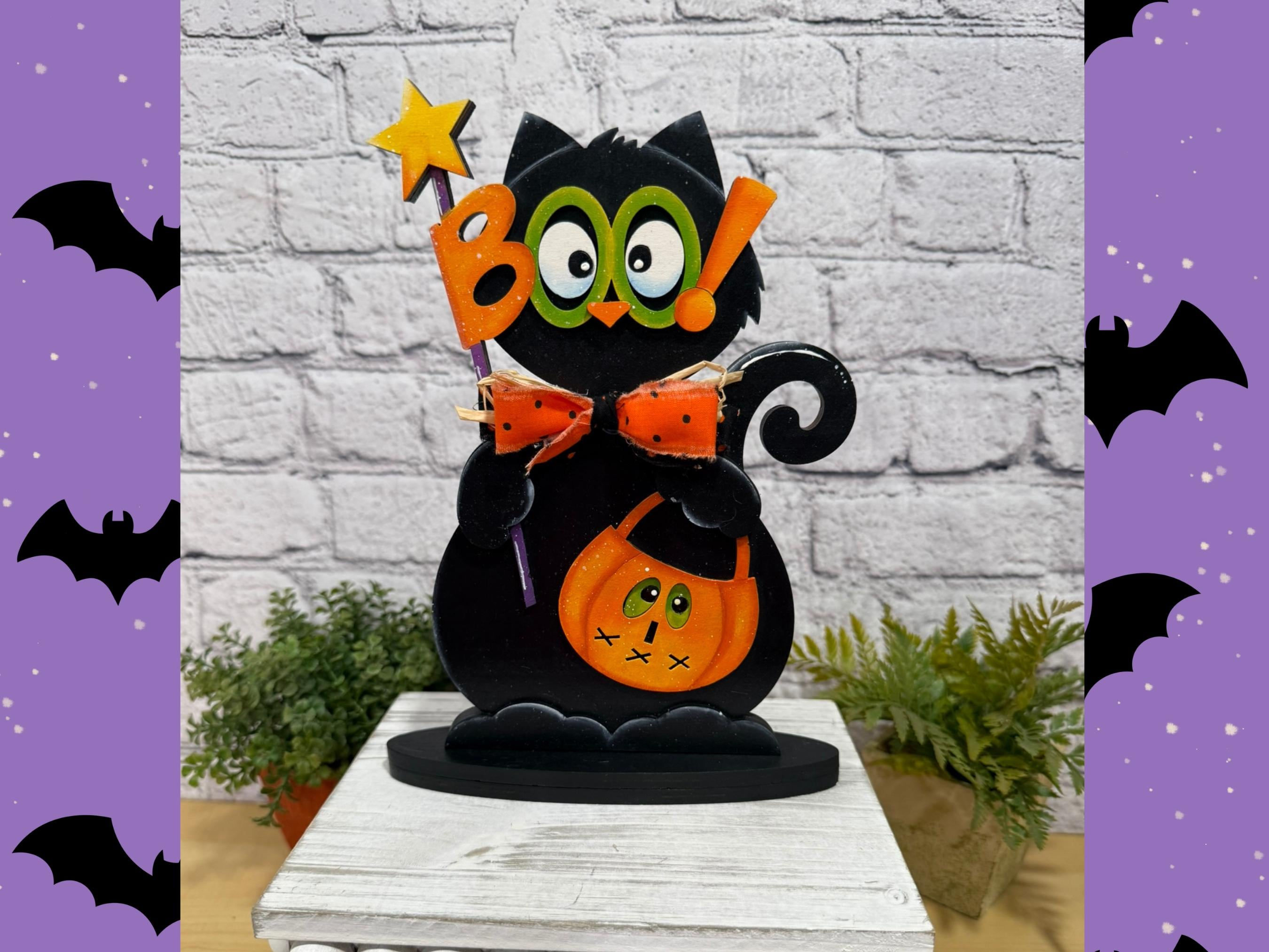Halloween Black Cat DIY Paint Kit | Whimsical Wooden Shelf Sitter