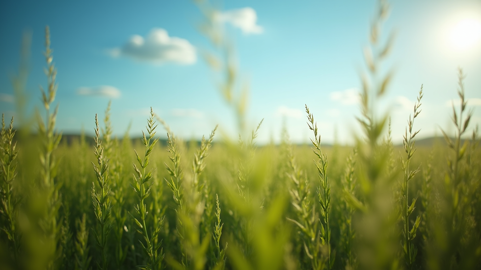 Vista panorâmica de plantação com céu azul e sol ao fundo