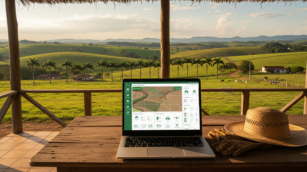 Eye-level view of a laptop showing agricultural management software on screen