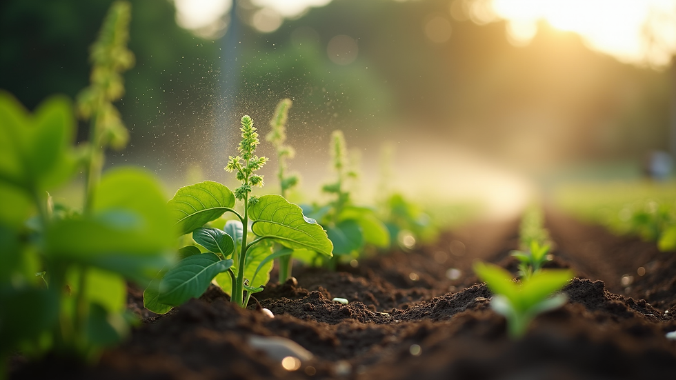 Vista lateral de plantação irrigada com sistema inteligente em funcionamento