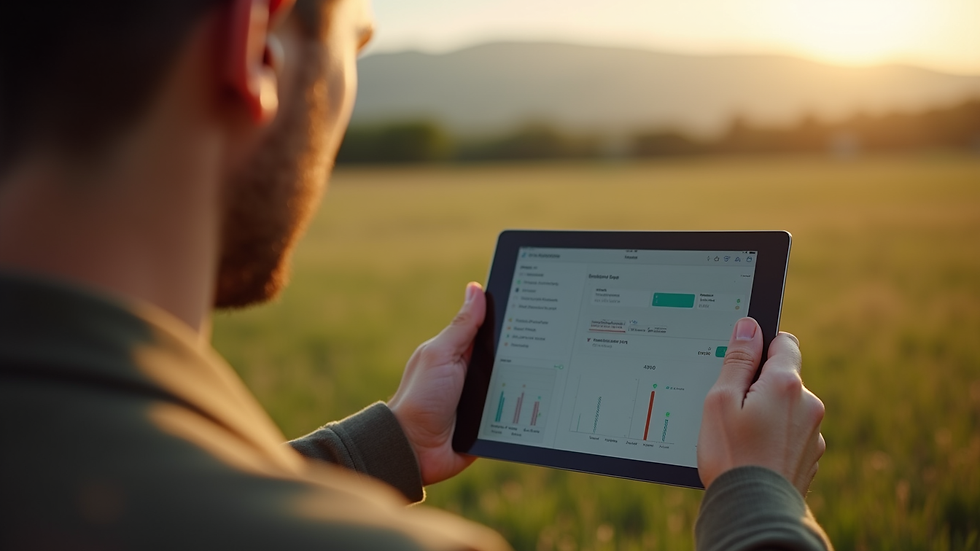 Vista de um tablet mostrando aplicativo de gestão rural em uso no campo