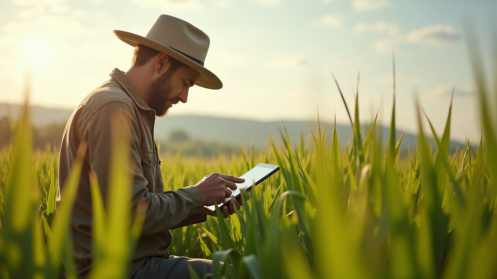 Eye-level view of a farmer using a tablet in a field