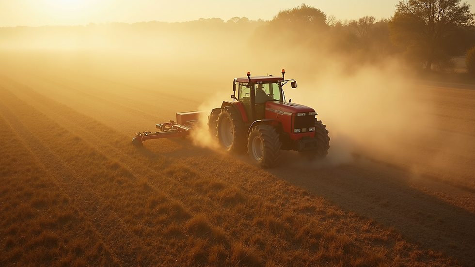 High angle view de trator aplicando adubo em campo agrícola