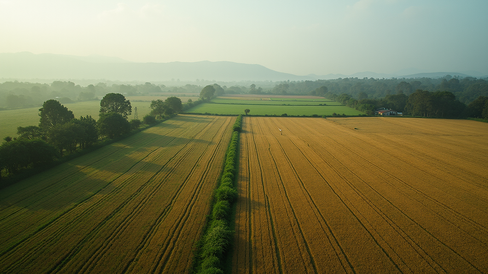 Vista aérea de uma fazenda com áreas de vegetação preservada e áreas agrícolas