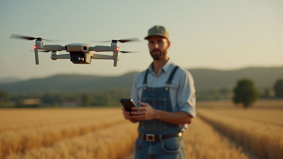 Eye-level view of a farmer operating a drone in a field