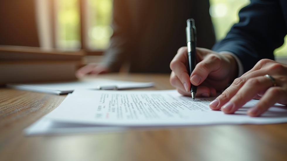 Eye-level view of a rural contract being signed on a wooden table