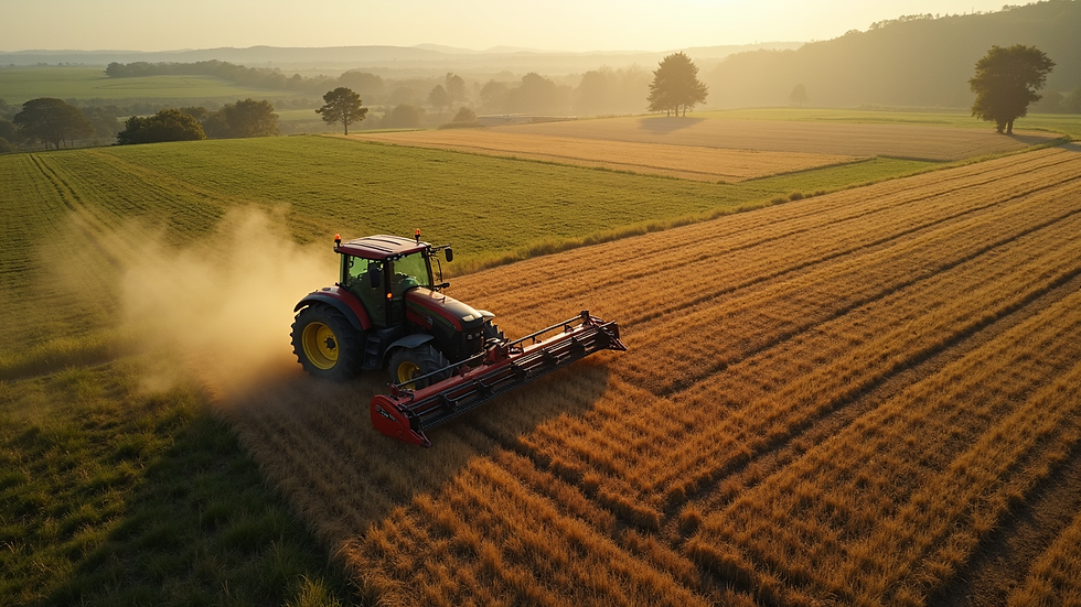 High angle view de campo agrícola com máquinas trabalhando