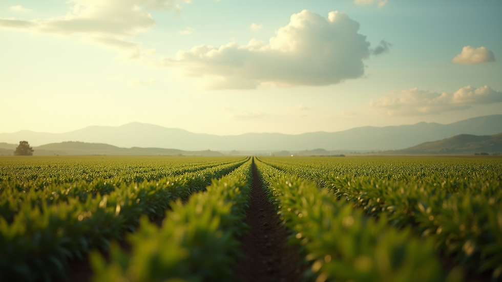 Vista aérea de plantação agrícola com céu nublado e horizonte distante