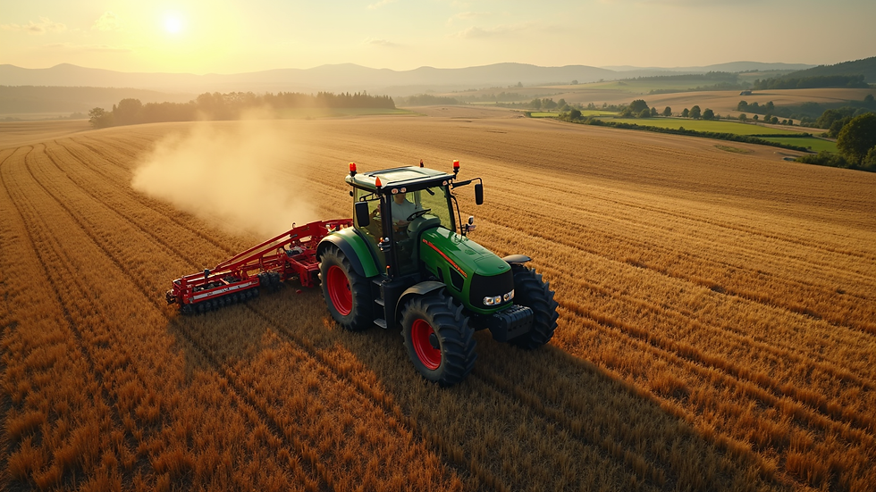 High angle view of tractor working in a cultivated field