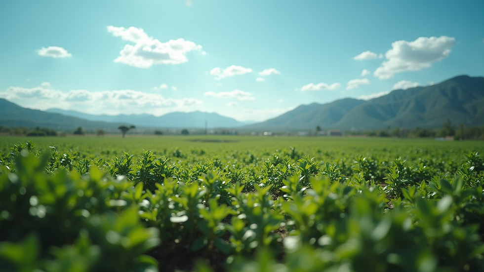 Vista panorâmica de plantação de soja com céu azul