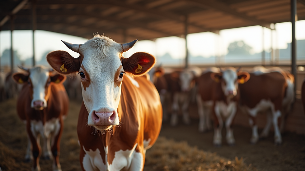 Wide angle view of a dairy farm with healthy cattle