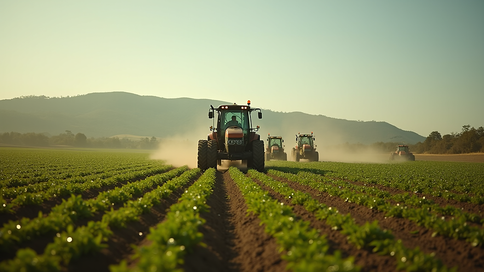 Vista aérea de uma plantação com tratores trabalhando
