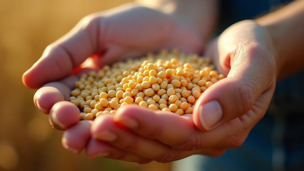 Close-up view of soybean seeds in a farmer's hand