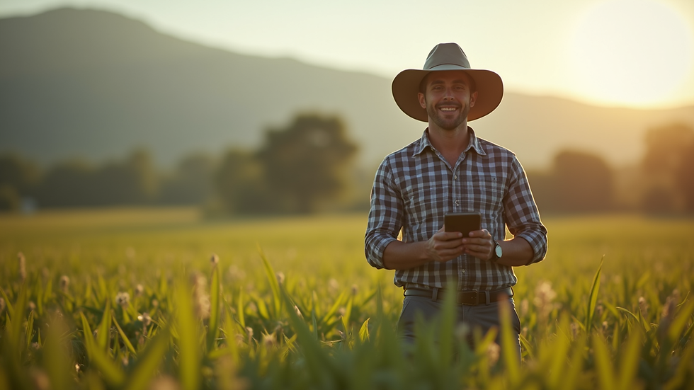 Produtor rural usando aplicativo de gestão agrícola no campo